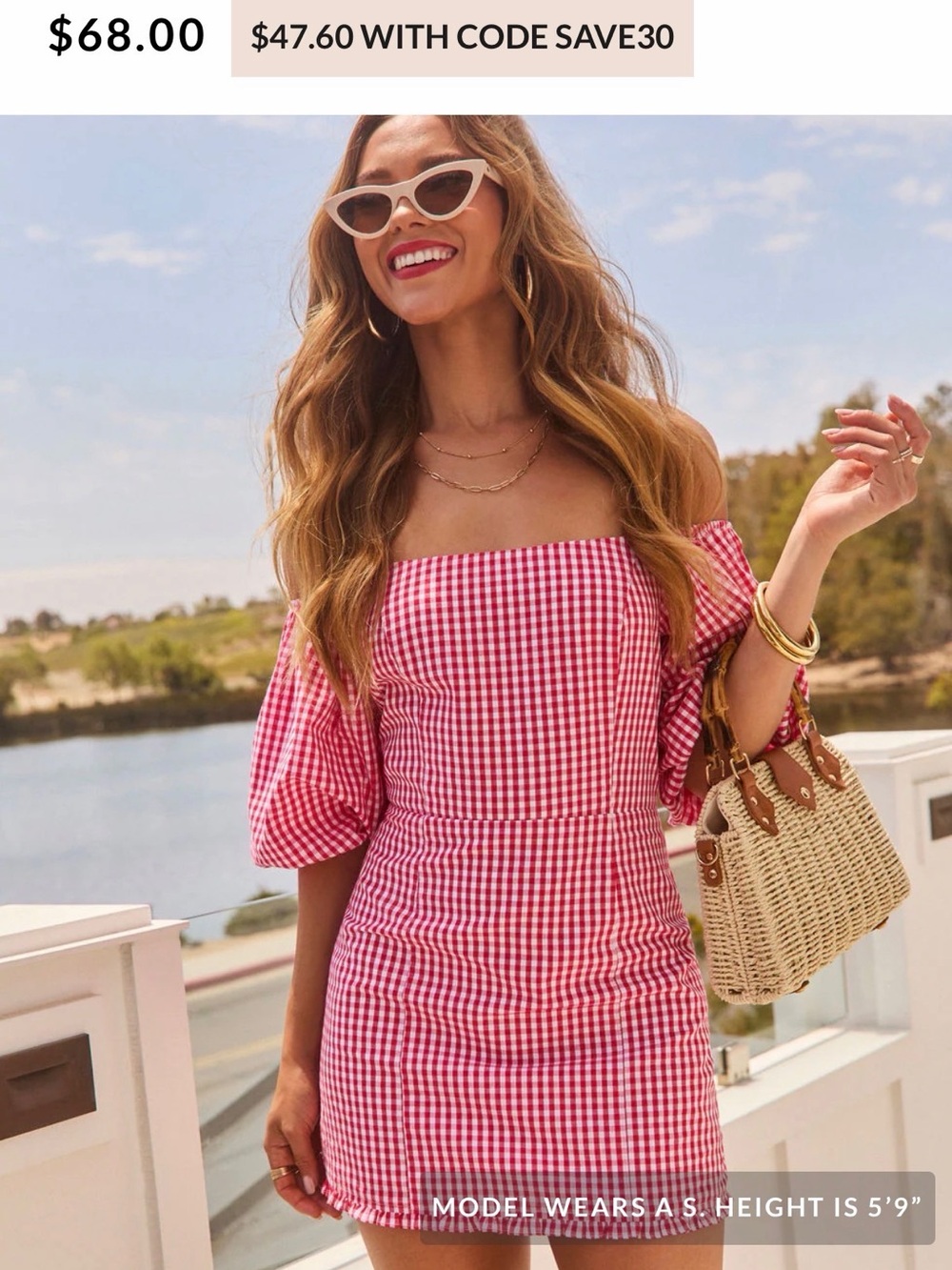 Vici Red and White Gingham Off-Shoulder Dress